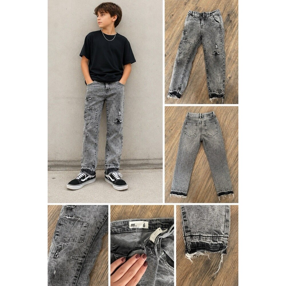 Boys Size 6 Gray Acid Wash Distressed Jeans Cargo Y2K Skater Grunge Denim Cotton